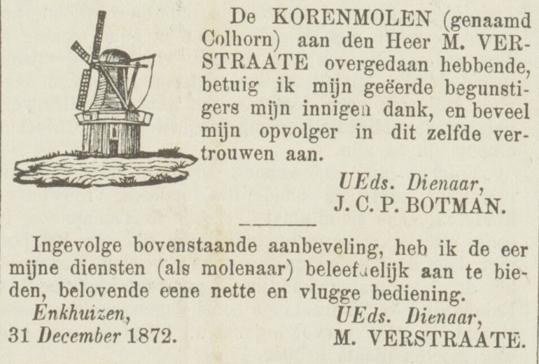 Bestand:Korenmolen Colhorn Enkhuizer Courant 1 januari 1873.jpg